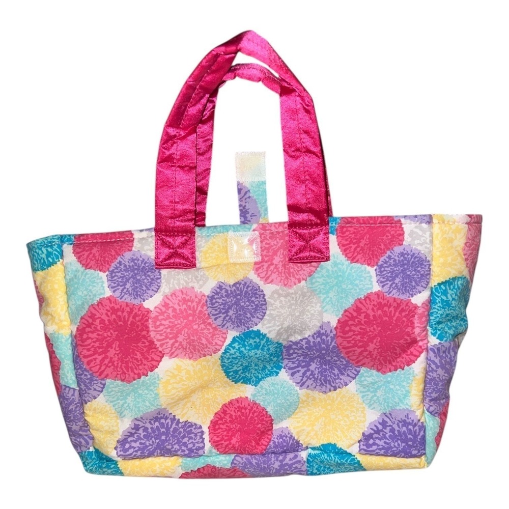 American Girl Kids Tote Bag Colorful Floral Print Pink Handles Pouch Pocket - Picture 2 of 7